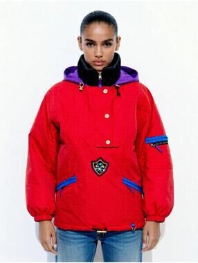 Vintage Unisex Obermeyer Red Jacket Warm Black Purple Collard Hoodie Nylon XL